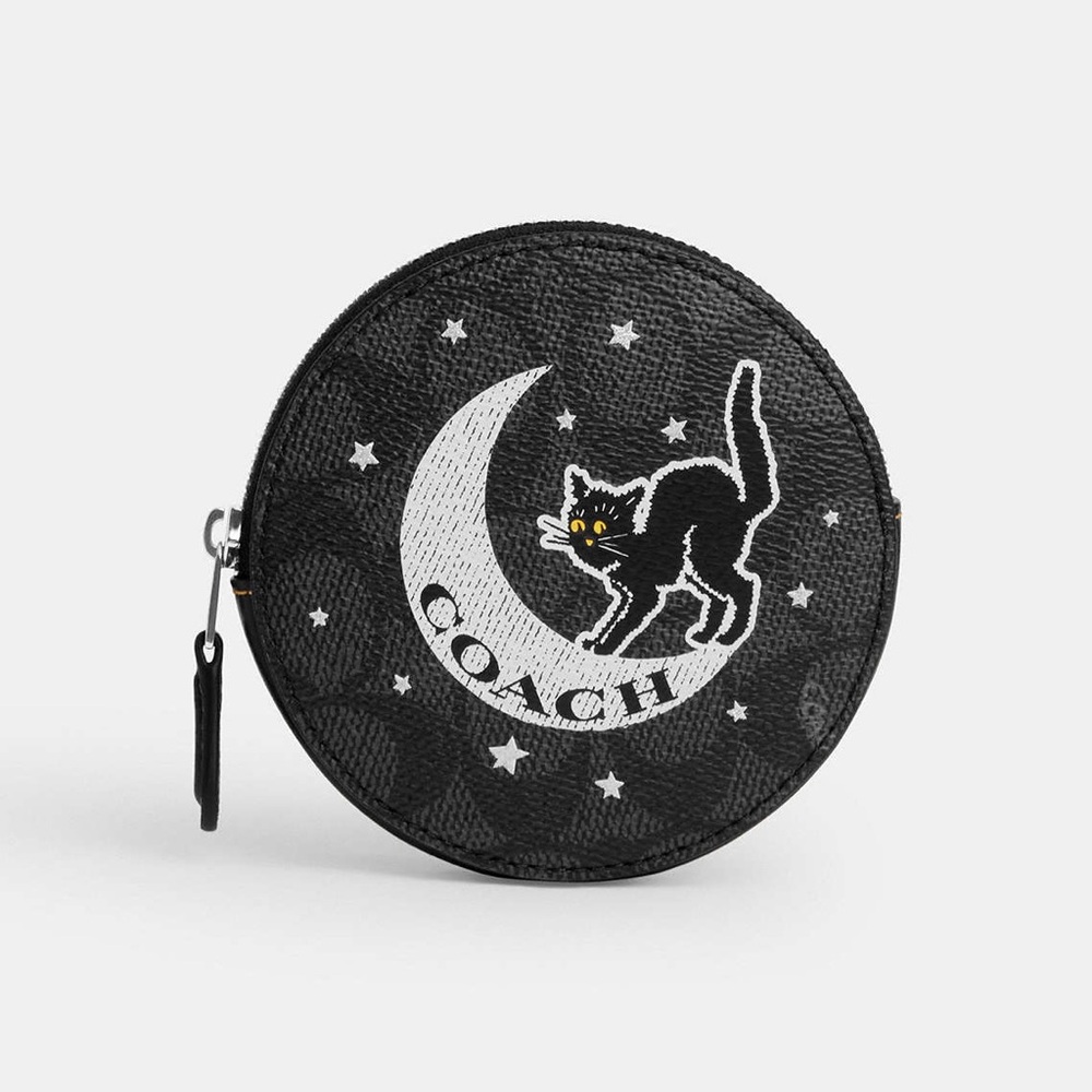NWT Coach CX348 Coin Case In Signature Canvas With Halloween Graphic Cat Moon
